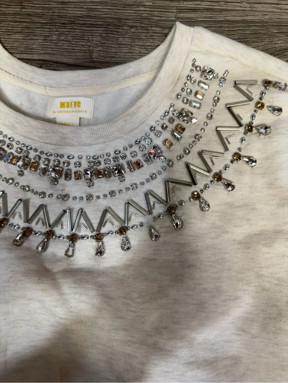 Maeve Anthropologie Embellished Sweatshirt Small Ivory Beaded Jewel Neck